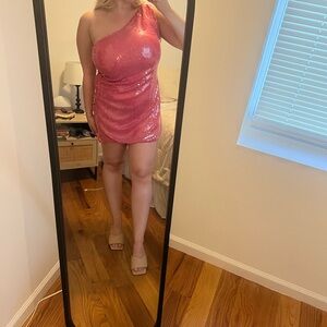 Showpo Pink Sequin One-Shoulder Mini Dress